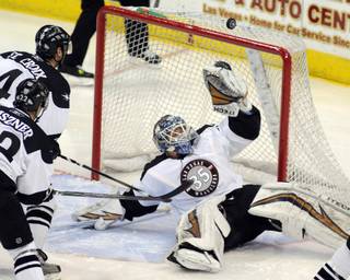 Wranglers goaltender Glenn Fisher bobbles a shot from Condors forward Chad Painchaud that ends up behind him for Bakersfield's lone goal in the first minute of the first game in a best of seven playoff series against the Condors on Friday night at the Orleans Arena. 