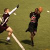 Las Vegas High wide receiver Riyaadh Mevins, right, attempts to pull down a pass April 25 during a skills challenge hosted by the Southern Nevada Football Coaches Association at Valley. Cimmaron-Memorial's Zach Barbara defends.