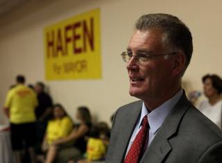 Andy Hafen answers reporters' questions at his election party at the Henderson Convention Center Tuesday night.  Hafen defeated Steve Kirk by 45 votes to win the race for Henderson mayor.
