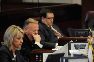 Nevada Sen. Dennis Nolan, R-Las Vegas, yawns during a session in the Senate chambers at the Legislature on Monday in Carson City. 