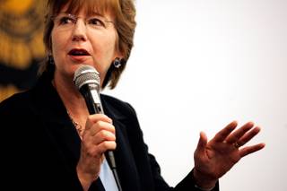 Assembly Speaker Barbara Buckley speaks Wednesday at a Henderson Democratic Club meeting at the Painters Union Hall in Henderson.