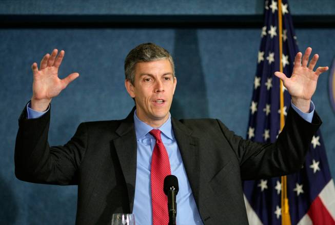 Education Secretary Arne Duncan talks about education reform during a speech at the National Press Club in Washington on May 29. Duncan plans to give $4.35 billion to states that use the most innovation in the first round of stimulus spending, and officials here are concerned that Nevada will miss out because of its conservative spending.