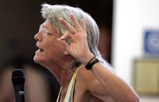 Longtime Searchlight resident Sabra Shawn speaks against the wind energy project during a Searchlight Town Hall Meeting at the Searchlight Community Center Thursday, June 25, 2009. 
