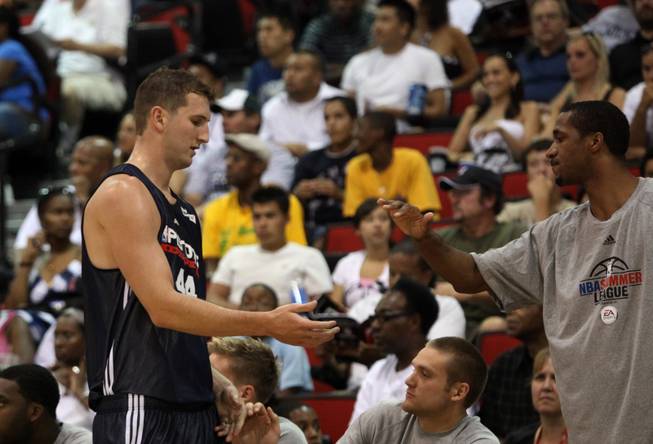 Trent Plaisted (44), comes off the court during the NBA Summer League at the Cox Pavilion in Las Vegas.  