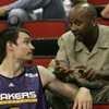 Adam Morrison of the Los Angeles Lakers (left) talks with Lakers assistant coach Brian Shaw at the NBA Summer League in the Cox Pavilion.

