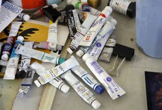 Paints are shown in a studio area of the Left of Center Gallery in North Las Vegas Thursday, July 9, 2009.  The gallery is a hub of activity for many artists who work together in the studio. It has mentoring programs and focuses on promoting the visual arts as an educational tool to enhance inter-cultural understanding of social issues. 