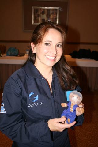 Cat Perkins of Yorkshire, England brought her daughter's stuffed animal cat Meeno, dressed in a makeshift flight suit, on board the ZERO-G aircraft.