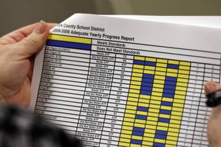 Clark County School Board Trustee Sheila Moulton looks over a report during a news conference at the Greer Education Center Thursday. Clark County School Board members announced that the district had fallen short of 