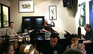 From left, drummer Barry Farley, bassist Geoff Neuman and pianist John Matteson of the The Outside in Trio play in the bar at Osaka Japanese Bistro in Henderson Thursday, July 30, 2009. 