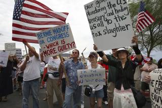Demonstrators wave flags and signs outside the entrance to the Albertsons where Rep. Dina Titus was speaking with citizens Saturday.
