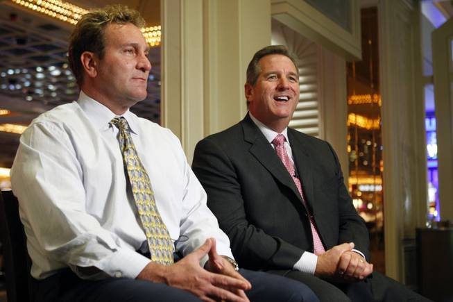 Don Marrandino, left, and Rick Mazer talk with Las Vegas Sun columnist John Katsilometes during an interview at the Flamingo. Marrandino will be leaving his post as president of five Harrah's hotels on the Strip and heading to an expanded role for Harrah's in Atlantic City. Rick Mazer, currently Indiana regional president and general manager of Horseshoe Hammond and Horseshoe Indiana, will succeed Marrandino as regional president of Harrah's Las Vegas, Flamingo, Imperial Palace, Bill's Gamblin' Hall and O'Sheas.