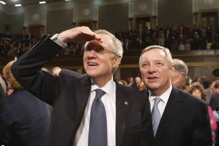 Senate Majority Leader Harry Reid, left, stands on the floor with Senate Majority Whip Richard Durbin on the floor before President Barack Obama spoke about healthcare reform before a joint session of congress on Capitol Hill in Washington, Wednesday, Sept. 9, 2009. 