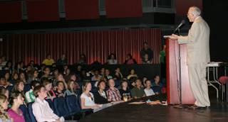 Holocaust survivor Ben Lesser shares his memories of Auschwitz-Birkenau concentration camp with students at the Las Vegas Academy on Tuesday.