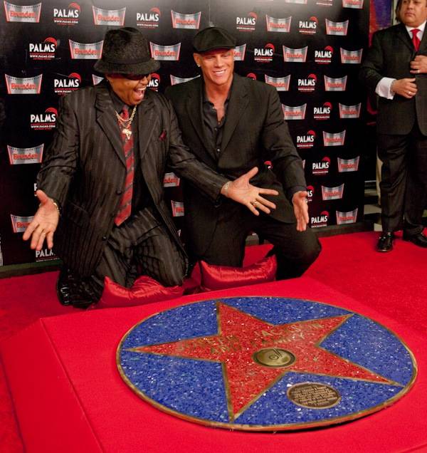 Michael Jackson's father, Joe Jackson, and Johnny Brenden, owner of Brenden Theaters, attend the Jackson Family Star dedication Tuesday night at the Brenden Theater at the Palms Resort in Las Vegas prior to screening of the new 'This is It' documentary film on Michael Jackson.