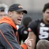 Oregon State head coach Mike Riley speaks to the team at the end of practice at UNLV Sunday, December 20, 2009. The Beavers take on BYU Cougars in the Vegas Bowl at Sam Boyd Stadium Tuesday.