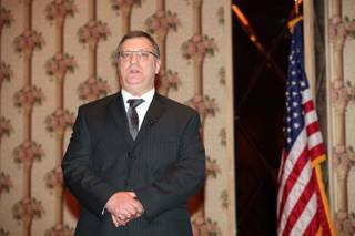 Thomas Bordeaux, senior transportation manager of Parsons Transportation, talks Thursday at the Associated General Contractors luncheon at the Orleans about the progress of the maglev project and how it will impact construction jobs.