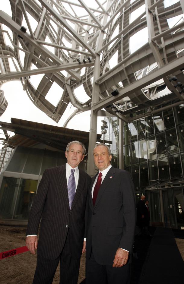 Former President George W. Bush is given a tour of the Cleveland Clinic Lou Ruvo Center for Brain Health by Larry Ruvo on Feb. 10, 2010.