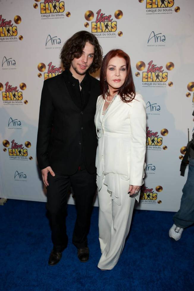 Priscilla Presley and her son Navarone Garibaldi on the blue carpet for the <em>Viva Elvis</em> world premiere at Aria in CityCenter on Feb. 19, 2010.