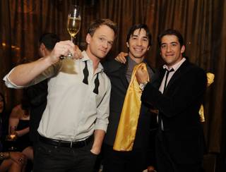Neil Patrick Harris, Justin Long and Jonathon Longo attend a reception for the world premiere of Cirque du Soleil's Viva Elvis at Aria in CityCenter on Feb. 19, 2010.