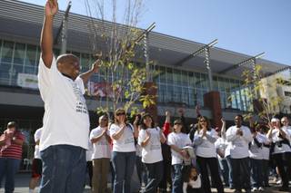 UNLV alumnus Jesse Oakley III fires up the crowd during the Engineering Department budget rally Friday, March 5, outside the student union on the UNLV campus.
