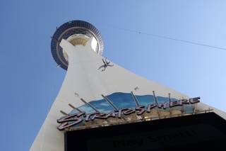 Air Force Master Sgt. Darryl LeBouef descends Tuesday during the grand opening of the Stratosphere's newest attraction, Skyjump.