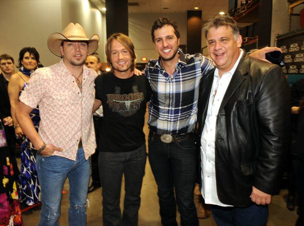 Jason Aldean, Keith Urban, Luke Bryan and Academy of Country Music Executive Director Bob Romeo backstage during ACM Presents: Brooks & Dunn - The Last Rodeo at MGM Grand Garden Arena on April 19, 2010.