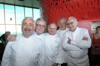 Celebrated French chefs Guy Savoy, Jean Joho, Joel Robuchon, Pierre Gagnaire and Alain Ducasse at the Vegas Uncork'd kickoff at Mix in The Hotel at Mandalay Bay on May 6, 2010.