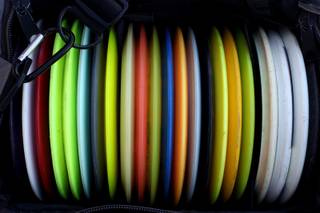 A disc golf bag is shown Thursday, June 4, 2010 during the weekly Las Vegas Disc Golf Club event held at Mountain Crest Park in Las Vegas.