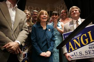 Sharron Angle celebrates her victory in the Republican primary for U.S. Senate during the Primary 2010 Victory Unity Celebration with the Clark County Republican Party at the Orleans Hotel Tuesday, June 8, 2010.