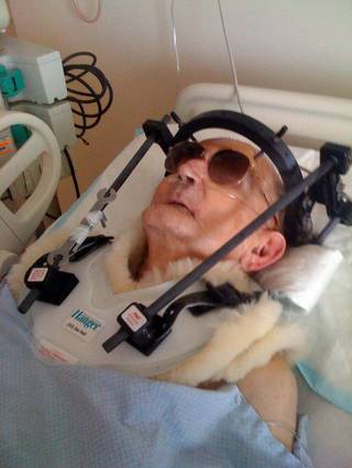 A courtesy photo of Morry Janovitz taken by his wife Pamela after his first fall in Spring Valley Hospital. In late 2008, then 82-year-old Morry Janovitz was admitted Spring Valley Hospital for pneumonia, and the day before he was scheduled to be discharged, he was found on the floor of his hospital room, his neck broken and forehead gashed. Two weeks later he was found on the floor again, this time with just a bruised elbow. Janovitz died from complications three months later.
