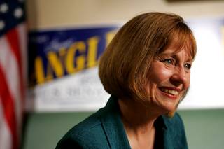 Senate candidate Sharron Angle speaks during an interview after a country concert and Republican rally at the Henderson Pavilion Saturday, August 7, 2010.