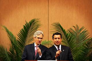 Gubernatorial candidates Rory Reid and Brian Sandoval engage in an impromptu debate during the Nevada Subcontractors Association's annual luncheon at the Eastside Cannery Casino in Las Vegas Wednesday, August 11, 2010.