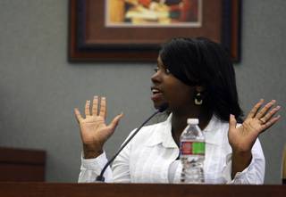 Trevon Cole's fiancee Sequioa Pearce testifies about how Cole was holding his hands when he was shot during a coroner's inquest at the Regional Justice Center Friday, August 20, 2010. Cole was shot and killed by Metro Police in June. 