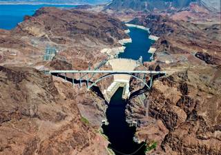 A bird's-eye view of Hoover Dam and the Hoover Dam Bypass.