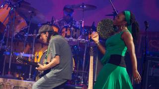 India.Arie performs with Carlos Santana during Supernatural Santana at The Joint in the Hard Rock Hotel on Aug. 25, 2010.