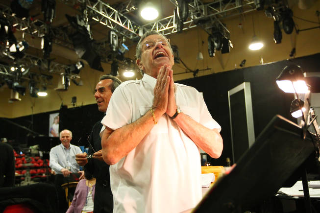 Jerry Lewis begs his band to play a humorous melody for him comprised of random notes during rehearsal for the 45th Annual Jerry Lewis MDA Labor Day Telethon Sunday night at the South Point. This year's telethon hopes to raise $70 million to surpass 2009's earnings of $60 million in the fight against muscular dystrophy.