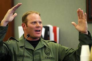 Henderson Police SWAT Officer Brian Pollard testifies to the events that led him to shoot Richard Nolton Sr. during an inquest into the shooting at the Regional Justice Center Friday, Sept. 10, 2010.  Nolton was shot in Henderson in July.