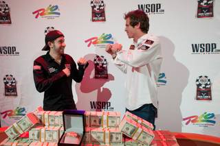 2010 World Series of Poker finalists Jonathan Duhamel of Quebec and John Racener of Florida at The Rio on Nov. 7, 2010.