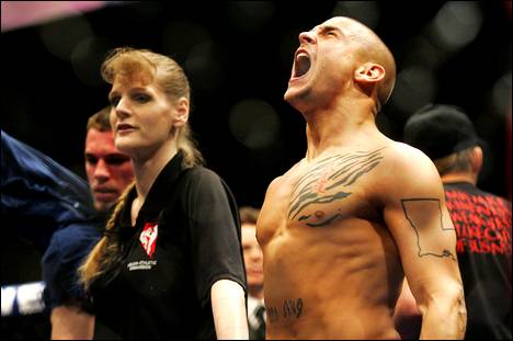 Dustin Poirier celebrates his victory over Zack Micklewright after their bout at WEC 52 Thursday, November 11, 2010 at the Palms.
