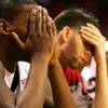 UNLV's Quintrell Thomas and Carlos Lopez bury their heads as Colorado State pulls away during the second half of Wednesday's game at the Thomas & Mack Center. CSU won 78-63. UNLV's Quintrell Thomas and Carlos Lopez bury their heads as Colorado State pulls away during the second half of Wednesday's game at the Thomas & Mack Center. CSU won 78-63.