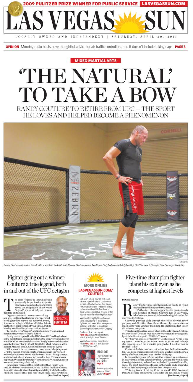 The front page of the Las Vegas Sun on Saturday, April 30, 2011, which features UFC legend <a href="/couture/">Randy Couture</a>. Find a copy of the paper at <a href="http://www.lasvegassun.com/photos/galleries/2011/apr/29/sun-print-edition-randy-couture/">lasvegassun.com/rc_print</a>.