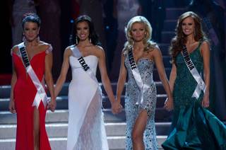 Top Four finalists Miss Alabama USA 2011 Madeline Mitchell, Miss Texas USA 2011 Ana Christina Rodriguez, Miss Tennessee USA 2011 Ashley Durham and Miss California USA 2011 Alyssa Campanella during the 2011 Miss USA Pageant at Planet Hollywood on June 19, 2011.