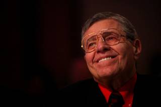 Jerry Lewis listens as he is presented with the Nevada Broadcasters Association Lifetime Achievement Award at Red Rock Resort on Saturday, Aug. 20, 2011.