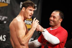 Michael Bisping, left, talks with Joe Rogan during The Ultimate Fighter 14 Finale weigh-in at The Palms in Las Vegas Friday, December 2, 2011.