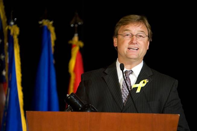 U.S. Senator Dean Heller (R-NV) speaks during a welcome home ceremony for the 422nd Expeditionary Signal Battalion at the Mandalay Bay Sunday, January 15, 2012. The Army National Guard soldiers entered field service on January 7, 2011 and have been serving in Afghanistan since March 28, 2011.