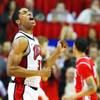 Photo: UNLV's Justin Hawkins celebrates a three-point sho