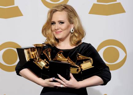 Adele poses backstage with her six awards at the 54th annual Grammy Awards on Sunday, Feb. 12, 2012 in Los Angeles. Adele won awards for best pop solo performance for "Someone Like You," song of the year, record of the year, and best short form music video for "Rolling in the Deep," and album of the year and best pop vocal album for "21."