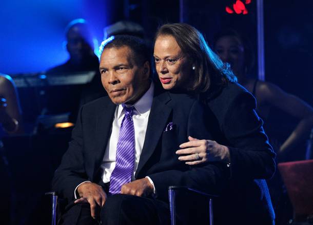 Boxing legend Muhammad Ali and his wife Lonnie Ali appear onstage during Keep Memory Alive's
