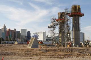 Columns for the SkyVue observation wheel, under construction near the Mandalay Bay, are shown Monday, May 21, 2012. The top of the 500-foot tall ride will be higher than the Mandalay Bay, said SkyVue developer Howard Bulloch.