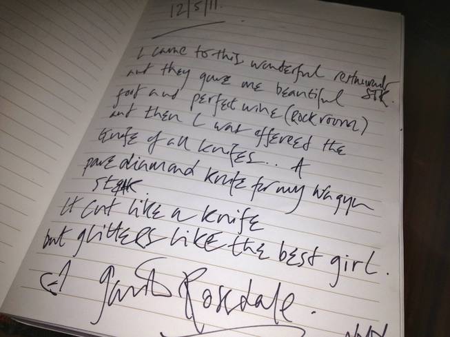 Celebrities using the bejeweled steak knives at STK also sign a notebook at the restaurant, such as this note left by Bush frontman Gavin Rossdale last year. Jason of Beverly Hills unveiled a new steak knife covered with sapphires for the STK steak house at the Cosmopolitan on July 2, 2012. The knife will be offered for celebrities and VIPs dining at the Las Vegas restaurant.